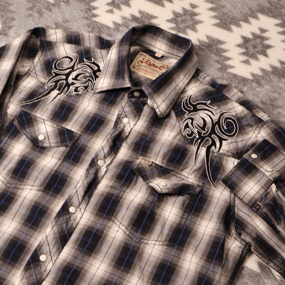 Rafter C Cowboy Collection Plaid Embroidered Western Shirt Black Blue XL